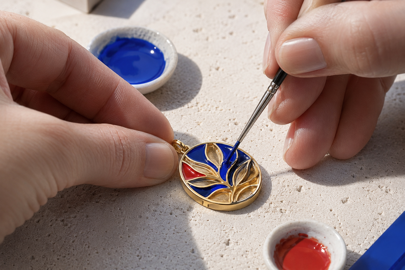 Artisan applying cobalt enamel to a pendant